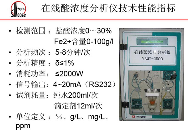 在線酸濃度分析儀技術性能指標：分析頻次5-8分鐘；消耗功率<=2000W;信號輸出4－20mA等