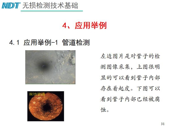 應用舉例一1 管道檢測，從兩張檢測對比圖片可以明顯看到管子  內部存在著起皮，另一張可以看以管子內部己經被腐蝕