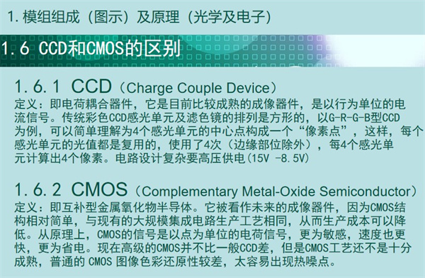 內(nèi)窺鏡成像模組CCD和CMOS的區(qū)別：CCD（Charge&nbsp;Couple&nbsp;Device） 定義：即電荷耦合器件，它是目前比較成熟的成像器件，是以行為單位的電 流信號(hào)。傳統(tǒng)彩色CCD感光單元及濾色鏡的排列是方形的，以G-R-G-B型CCD 為例，可以簡(jiǎn)單理解為4個(gè)感光單元的中心點(diǎn)構(gòu)成一個(gè)“像素點(diǎn)”，這樣，每個(gè) 感光單元的光值都是復(fù)用的，使用了4次（邊緣部位除外），每4個(gè)感光單 元計(jì)算出4個(gè)像素。電路設(shè)計(jì)復(fù)雜要高壓供電(15V -8.5V)  CMOS（Complementary&nbsp;Metal-Oxide&nbsp;Semiconductor） 定義：即互補(bǔ)型金屬氧化物半導(dǎo)體。它被看作未來的成像器件，因?yàn)镃MOS結(jié) 構(gòu)相對(duì)簡(jiǎn)單，與現(xiàn)有的大規(guī)模集成電路生產(chǎn)工藝相同，從而生產(chǎn)成本可以降 低。從原理上，CMOS的信號(hào)是以點(diǎn)為單位的電荷信號(hào)，更為敏感，速度也更 快，更為省電?，F(xiàn)在高級(jí)的CMOS并不比一般CCD差，但是CMOS工藝還不是十分 成熟，普通的&nbsp;CMOS&nbsp;圖像色彩還原性較差，太容易出現(xiàn)熱噪點(diǎn)。